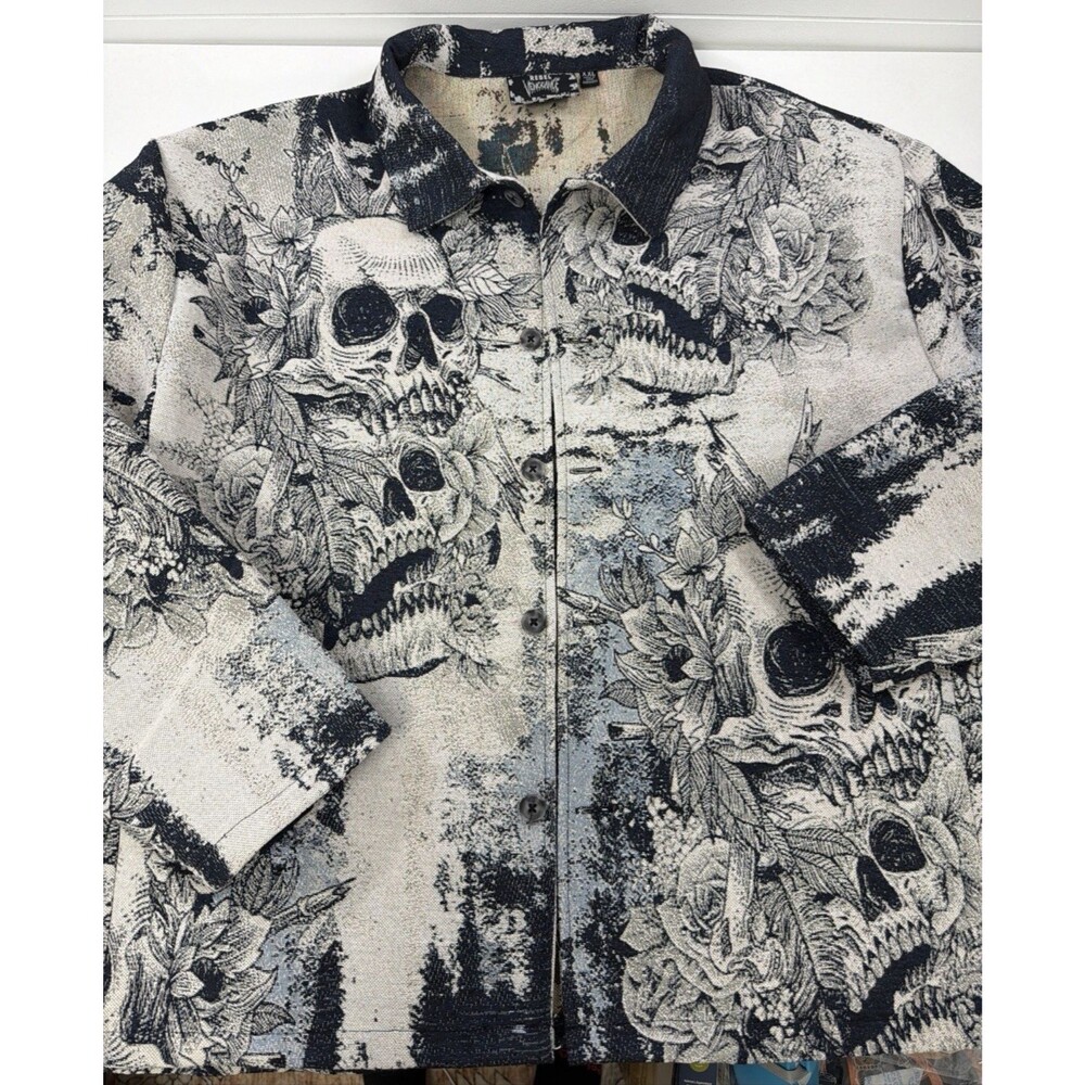Rebel Vengeance Mens Skull Floral Tapestry Jacket Gothic Button Up 2XL 3XL